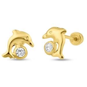 Tiny Dolphin Baby & Infant Earrings with Safety Screw Backs 14k yellow gold